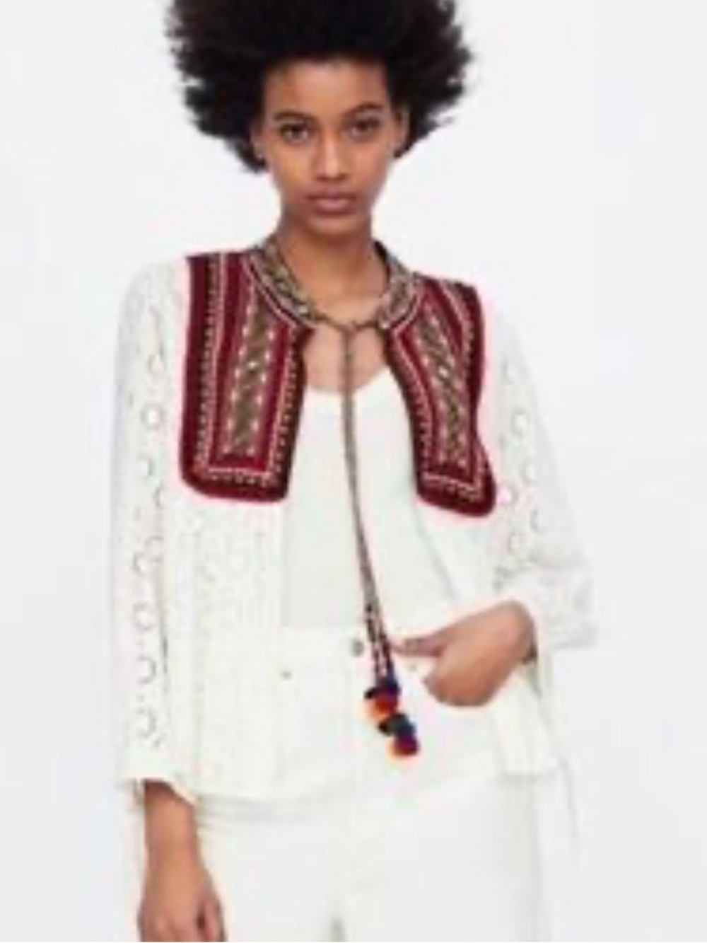 Zara White Crochet Jacket with Burgundy Embroidered Yoke